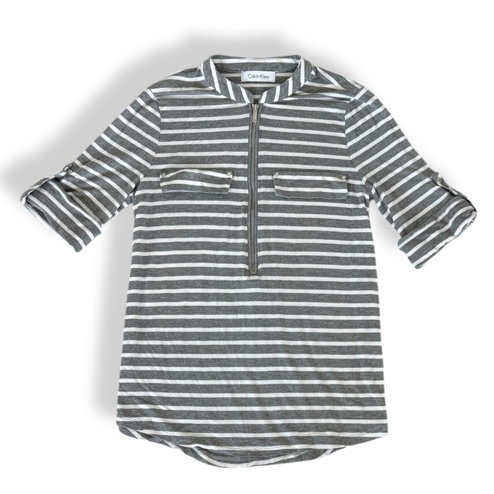 Calvin Klein Gray and White Striped Blouse